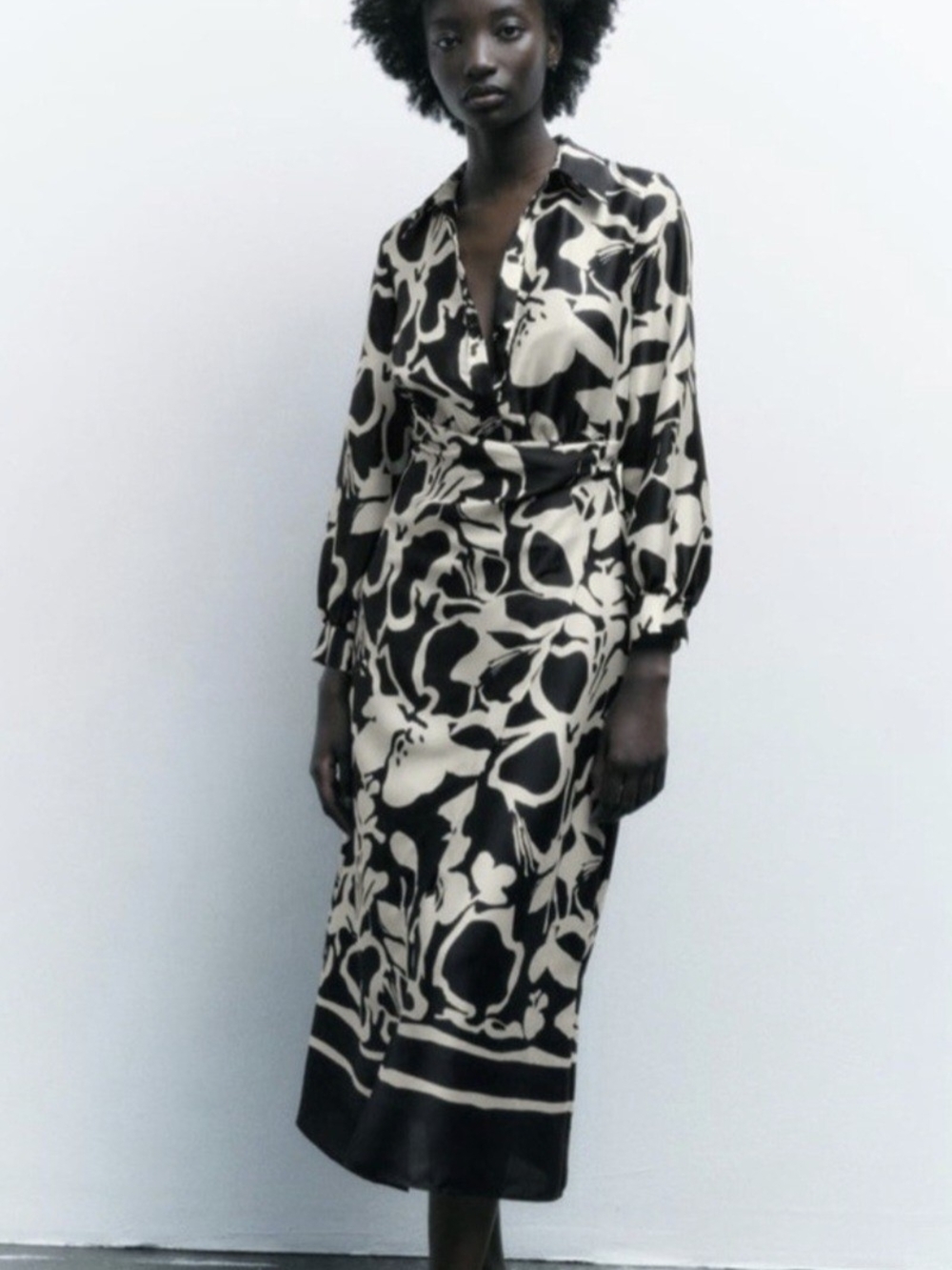 Zara Black & White Floral Satin Wrap Dress L